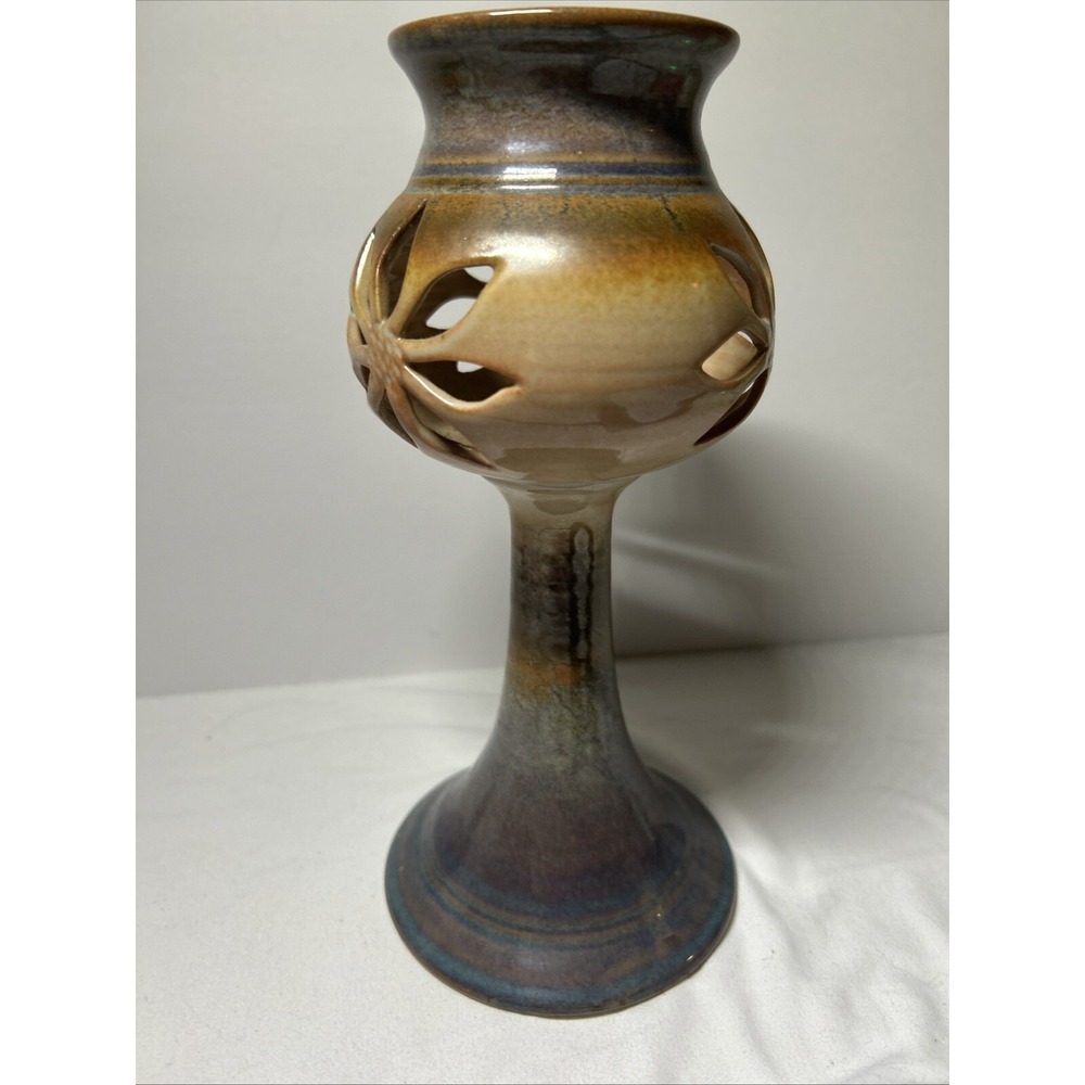 Studio Pottery Chalice Candle Holder Floral Cut Out Glazed Stoneware Brown Blue